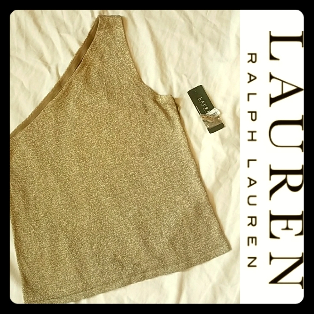 Ralph Lauren One Shoulder Gold Knit Top L NEW